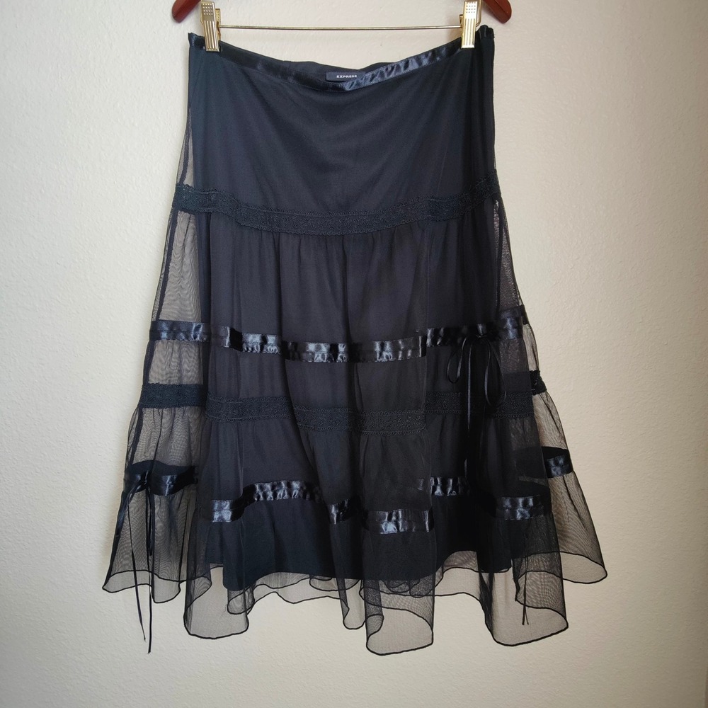 Y2K Express Black Mesh Tiered Midi Skirt Lace Bows 11/12 Whimygoth Punk Fairy
